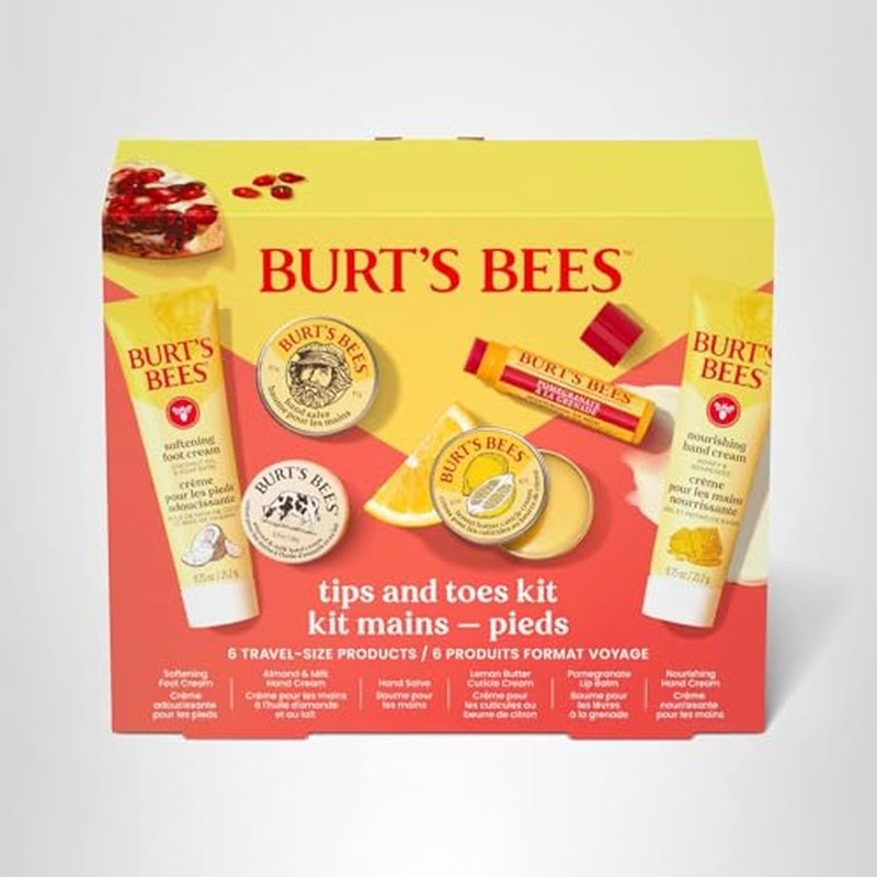 Burt's Bees Gifts Ideas, Tips and Toes Kit, 6 Travel Size Products - Pomegranate Moisturizing Lip Balm, 2 Hand Creams, Foot Cream, Cuticle Cream, and Hand Salve