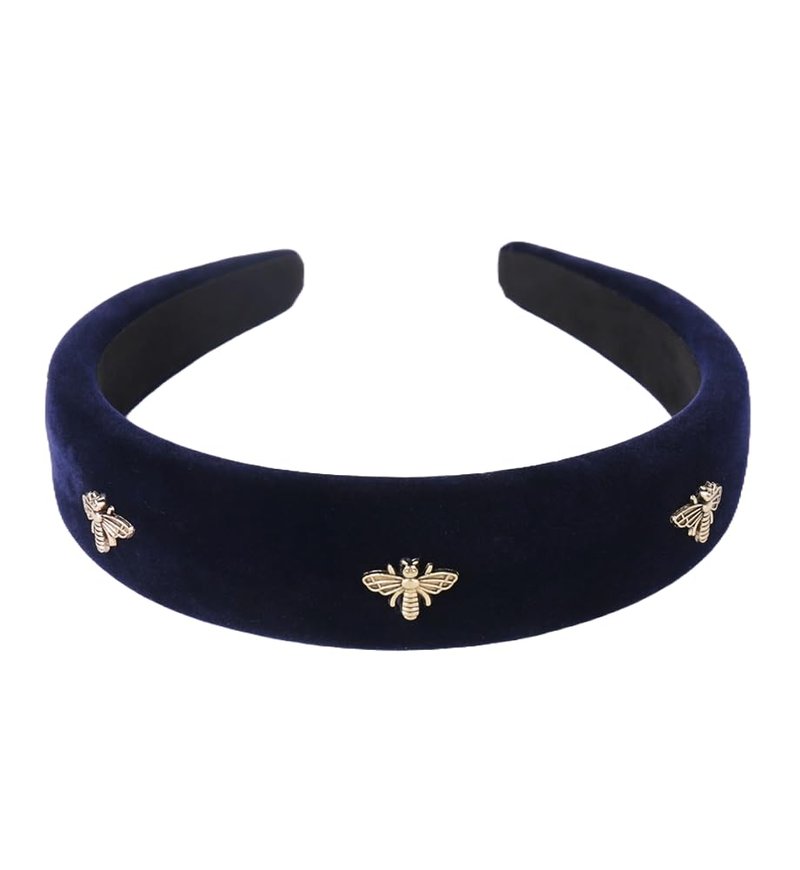 YARN & INK Women's Honeybee Cute Velvet Headbands, Fashion Padded Hair Accessories Vintage Headband Christmas Gift for Women Girls (Dark Blue Bee)