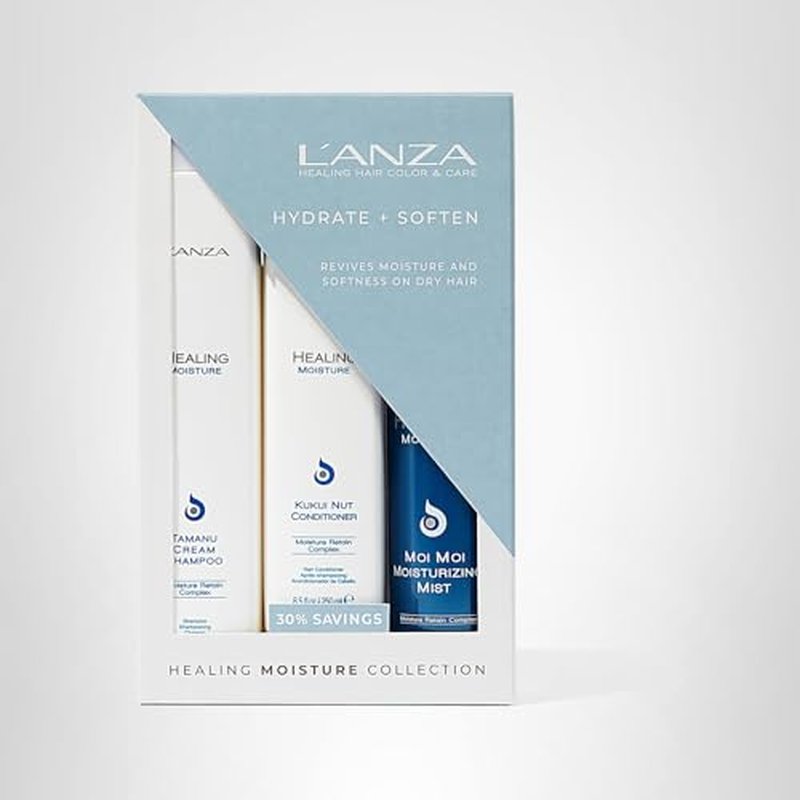 L'ANZA Healing Moisture Trio Hair Kit, Tamanu Cream Shampoo, Kukui Nut Conditioner & Moi Moi Moisturizing Mist Hairspray in a Gift Box, Luxury Hair Care Kit (10.1/8.5/6.8 Fl Oz)