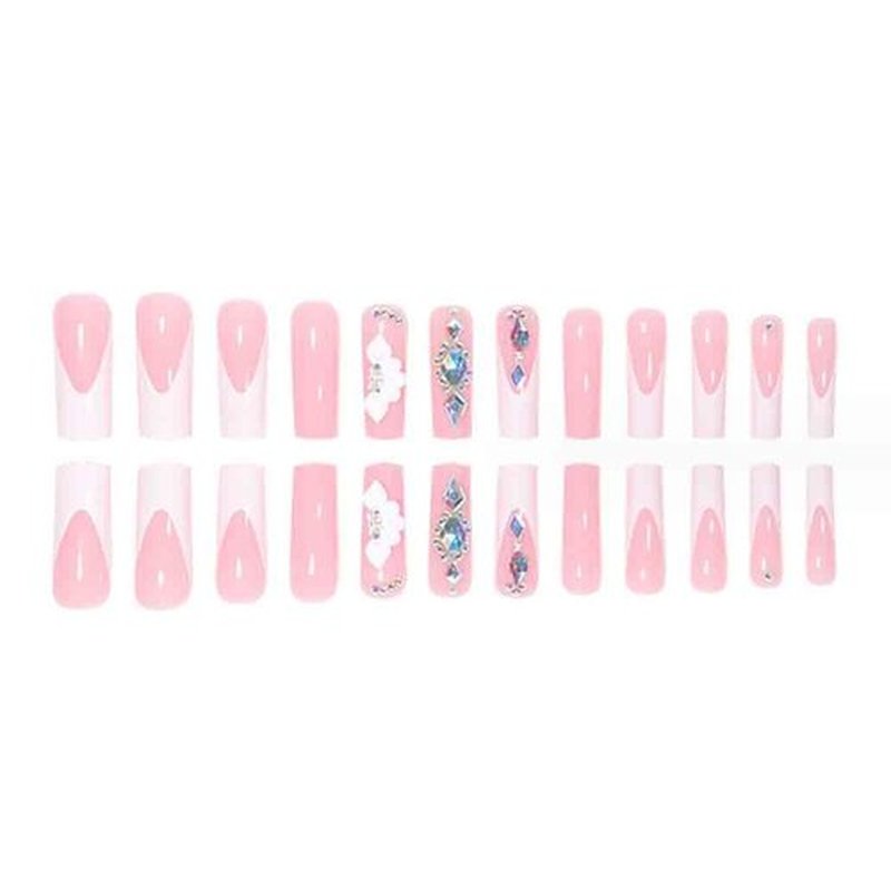 Foccna White Press on Nails Artificail Extra Long, French Square Fake Nails, Crystal Flowers Nails Acrylic Full Cover Long Fake Nails with Design Nail Tips for Women&Girls-24PCS