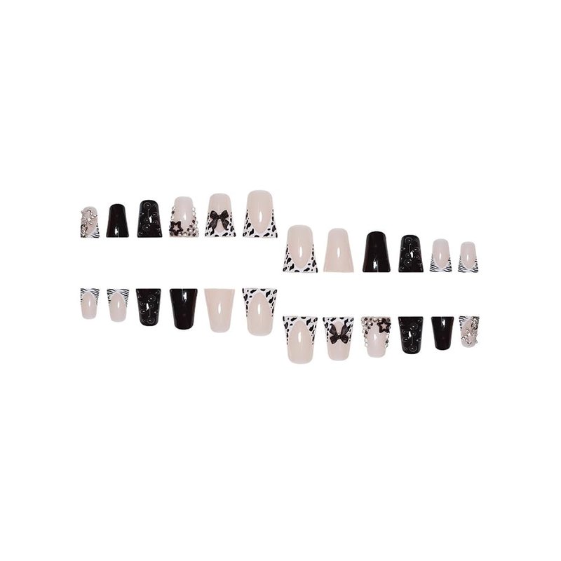 YIHONGYAN Press on Nails Square Short Fake Nails Press ons Nail Art Tips Artificial Acrylic Kit Full Cover Black Duck Mouth False Nails with Cute Bow Star Charms Design Stick on Nails Women 24Pcs