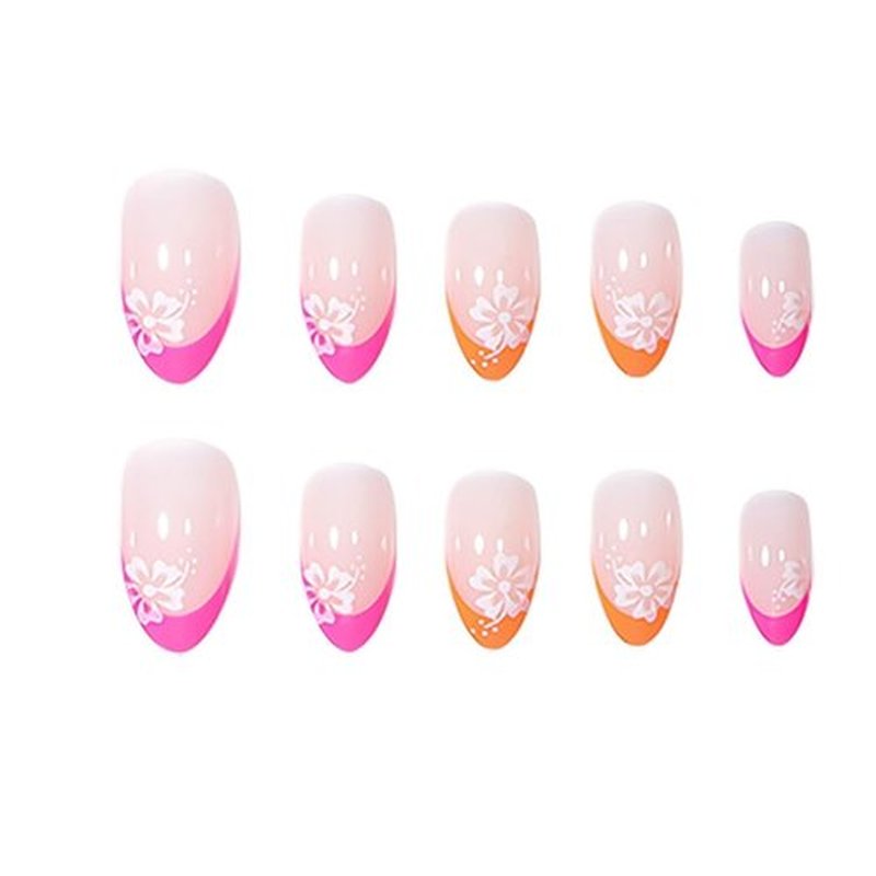 RikView Medium Press On Almond Fake Nails - French Tips with Flowers Design, Pink Glossy Nails - 24 PCs/Set