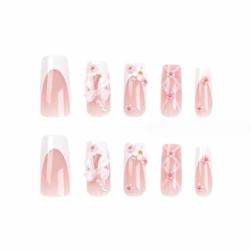 Foccna Press on Nails Medium Long Rhinestone Pink Fake Nails Square Bling Glossy 3D False Nail Tips Artificial Nails Finger Manicure for Women and Girls-24pcs