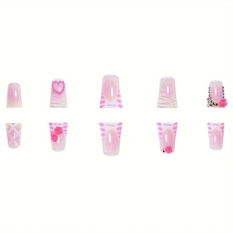 24 Pcs Press On Nails Short Square,YEFIUO Duck Mouth Fake Nails Press ons Cool Nail Art Tips Acrylic Nail Kit Glue on Nails Full Cover False Nails with Rhinestone Flower Nail Charms Design for Women