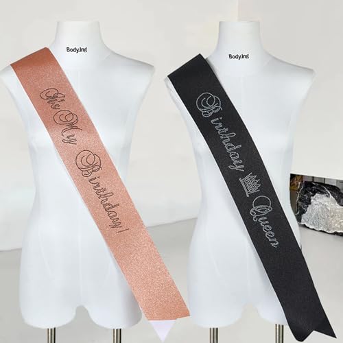 "Birthday Queen Birthday Glitter Sash Black with White Rhinestone Text for Women Girls Birthday Party Outfits Accessories (Black, Large)