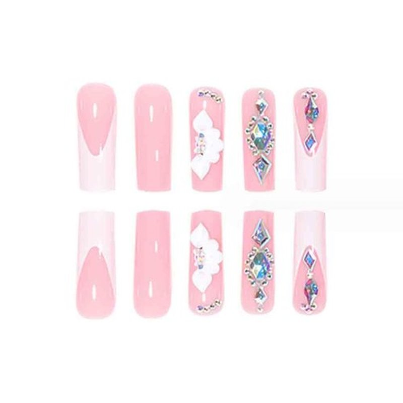 Foccna White Press on Nails Artificail Extra Long, French Square Fake Nails, Crystal Flowers Nails Acrylic Full Cover Long Fake Nails with Design Nail Tips for Women&Girls-24PCS