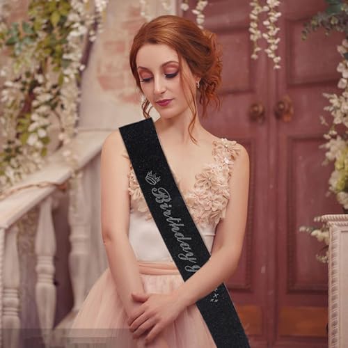 "Birthday Queen Birthday Glitter Sash Black with White Rhinestone Text for Women Girls Birthday Party Outfits Accessories (Black, Large)