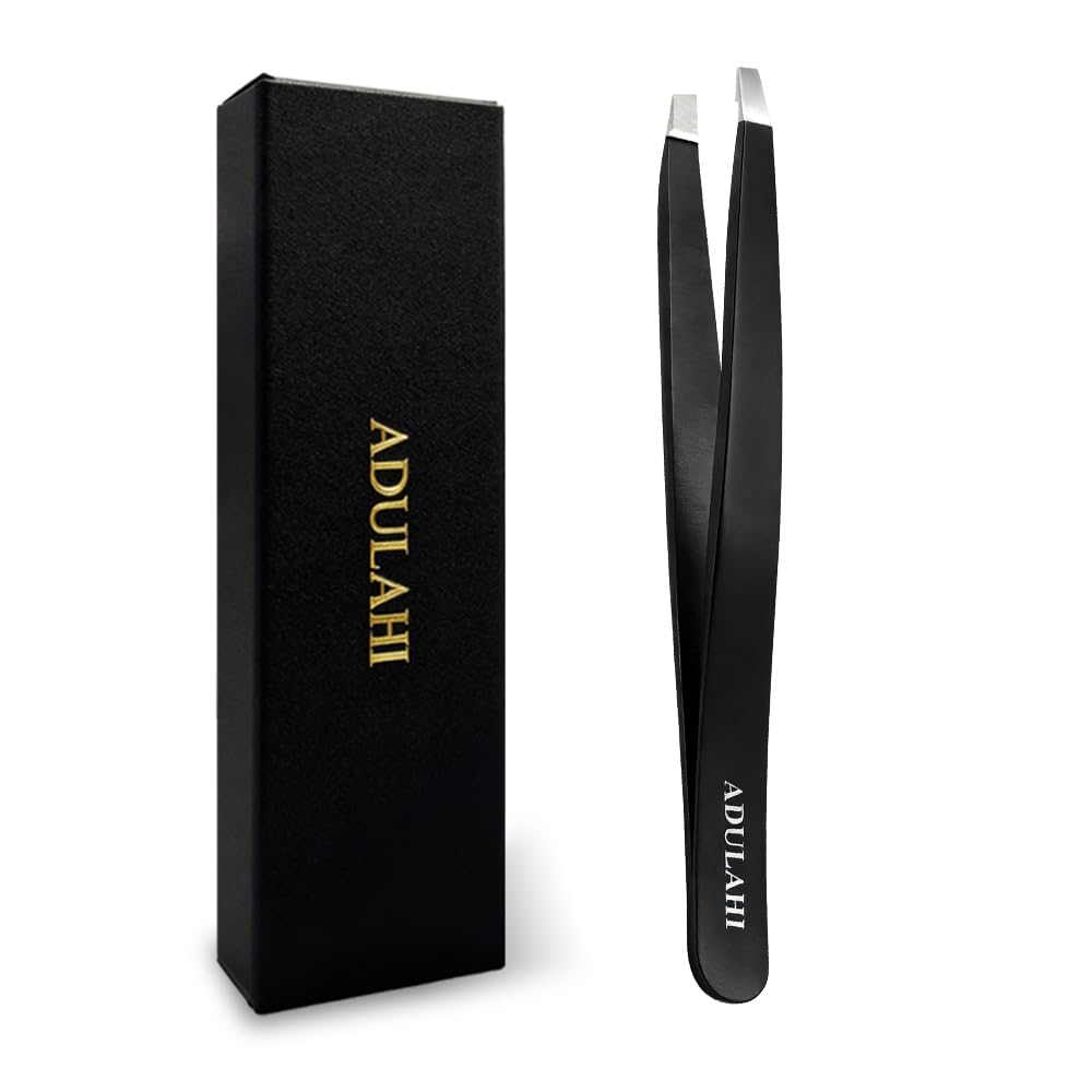 ADULAHI Professional Slant Tweezers for Eyebrows & Facial Hair - Precise Aligned Carbon Stainless Steel Remover with Storage Case(Black)