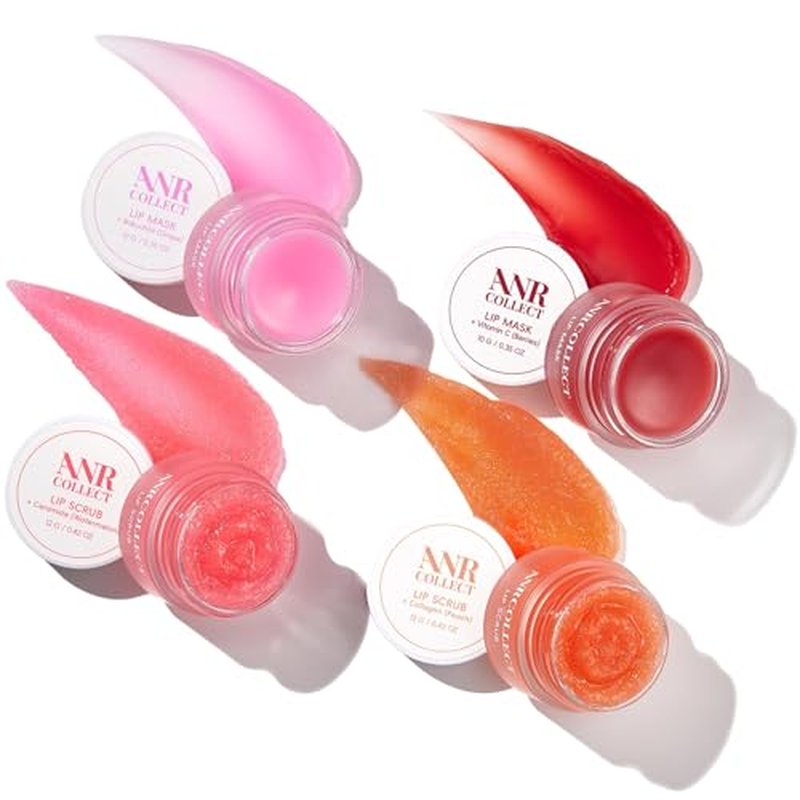 ANRCOLLECT Lip Scrub & Lip Mask - Overnight Treatment Lip Care Kits with 2 Lip Exfoliator & 2 Sleeping Lip Balm, Intense Hydration Lip Set for Dry Chapped Cracked Lips, Exfoliate & Moisturize (4 Pack)