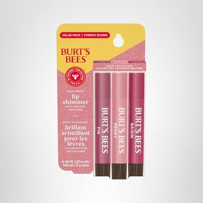 Burt's Bees Lip Shimmer Nude Collection, Tinted Lip Balm Stick, Moisturizing for All Day Hydration with Natural Glowy Pigmented Finish & Buildable Color, 3 Warm Shades; Value Pack, 3 Tubes x 0.09 Oz