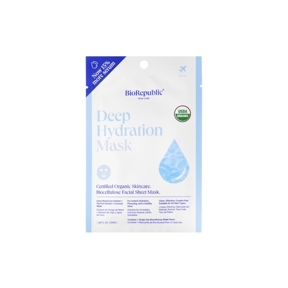 BioRepublic Deep Hydration Vegan Sheet Masks – Organic Biocellulose Face Mask with Snow Mushroom, Fig Fruit & Coconut Water for Plump, Glowing Skin (Pack of 6)