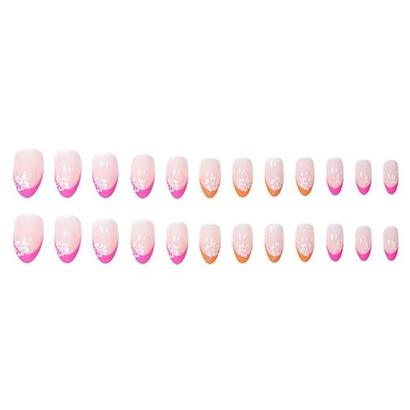 RikView Medium Press On Almond Fake Nails - French Tips with Flowers Design, Pink Glossy Nails - 24 PCs/Set