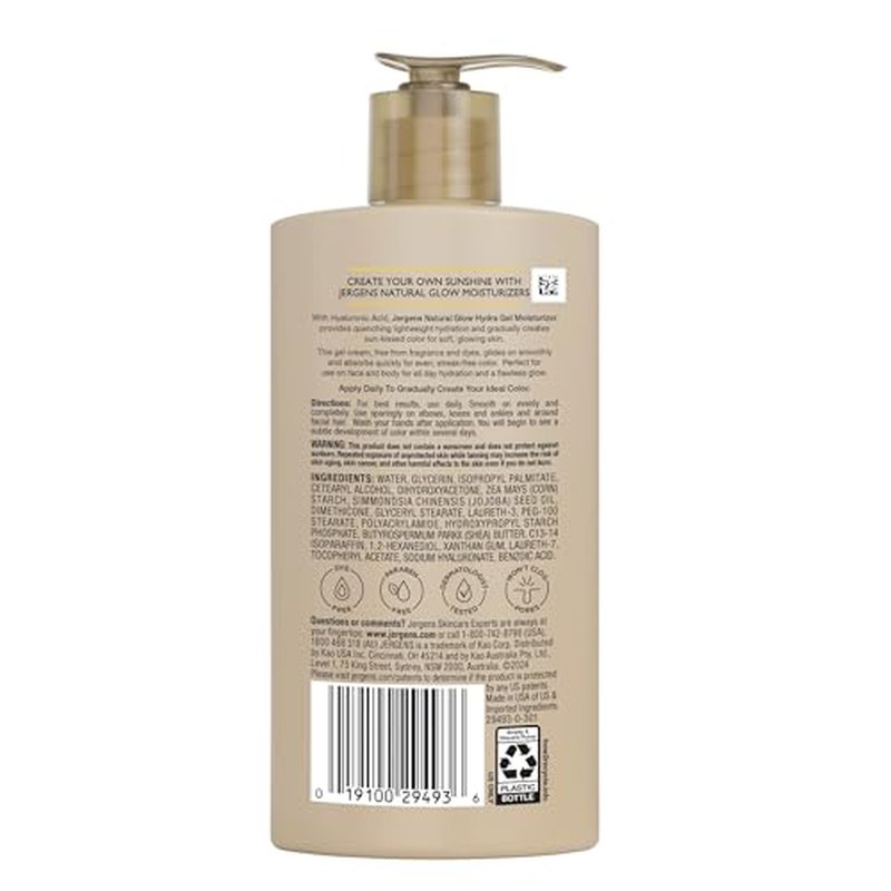 Jergens Natural Glow Hydra Gel Moisturizer, Hyaluronic Acid Tanning Lotion, Hydrating Tanning Gel, Fragrance-Free Self Tanner, Fair to Medium Skin Tones, 8.3 Fl Oz