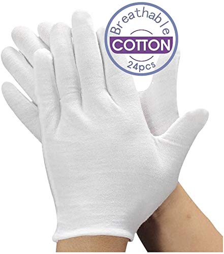 YITIAOYU 24 Pairs Soft White Cotton Gloves for Moisturizing Eczema Sleep Treatment, and Archival Inspection Handling of Coins, Jewelry, Silver, and Costume Artifacts(Large)