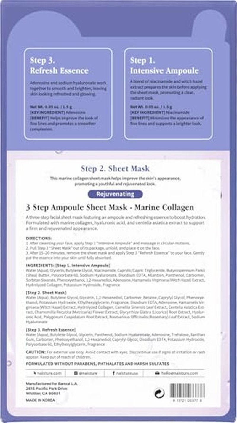 Naisture 3 Step Ampoule Mask with Marine Collagen: Hydrating Set for Skin Elasticity, Smoothing, and Moisture. Korean Skincare Kit with Ampoule, Sheet Mask, and Essence (5 pcs)