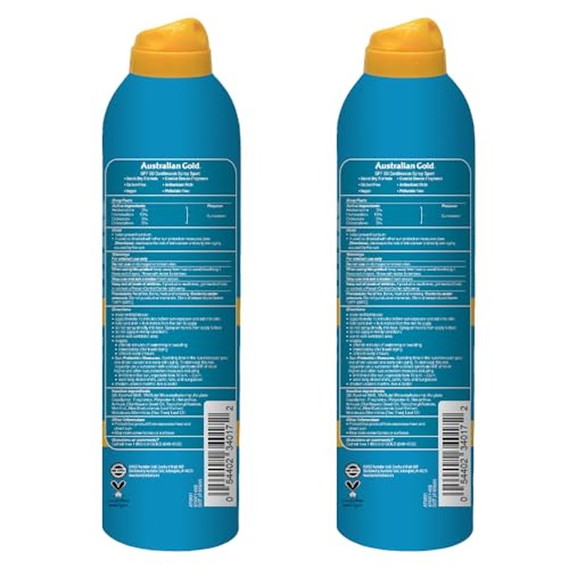 Australian Gold Extreme Sport Continuous Spray Sunscreen SPF 50, 6 Ounce - 2 Pack, Broad Spectrum, Sweat & Water Resistant, Non-Greasy, Vegan, PETA-Approved, Coastal Breeze Scent