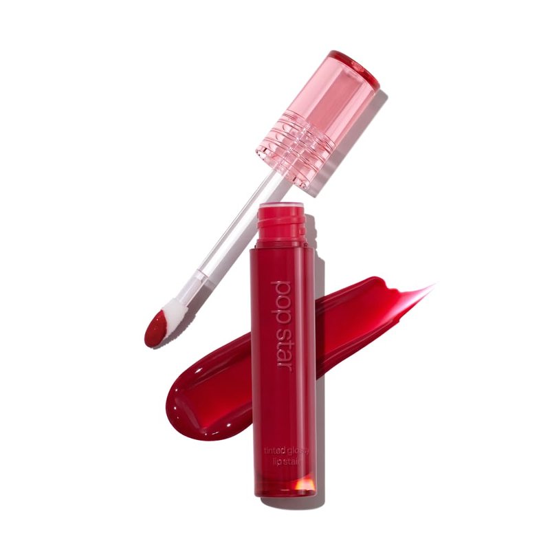 wuv.u Glossy Lip Stain – Plumping Hydrating Lip Oil Tint with Hyaluronic Acid & Peptide Complex – Non-Sticky High Shine Pigmented Finish – Pop Star (Red) 0.11 oz.