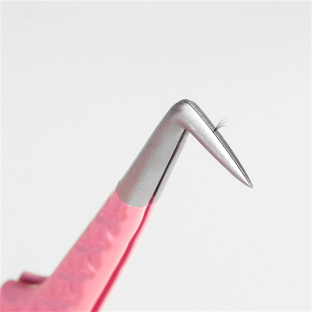 EYAKEG 90 Degree Lash Tweezers for Eyelash Extensions, Precision Fiber Tip Grip Mega Volume Lash Tweezers, Pink