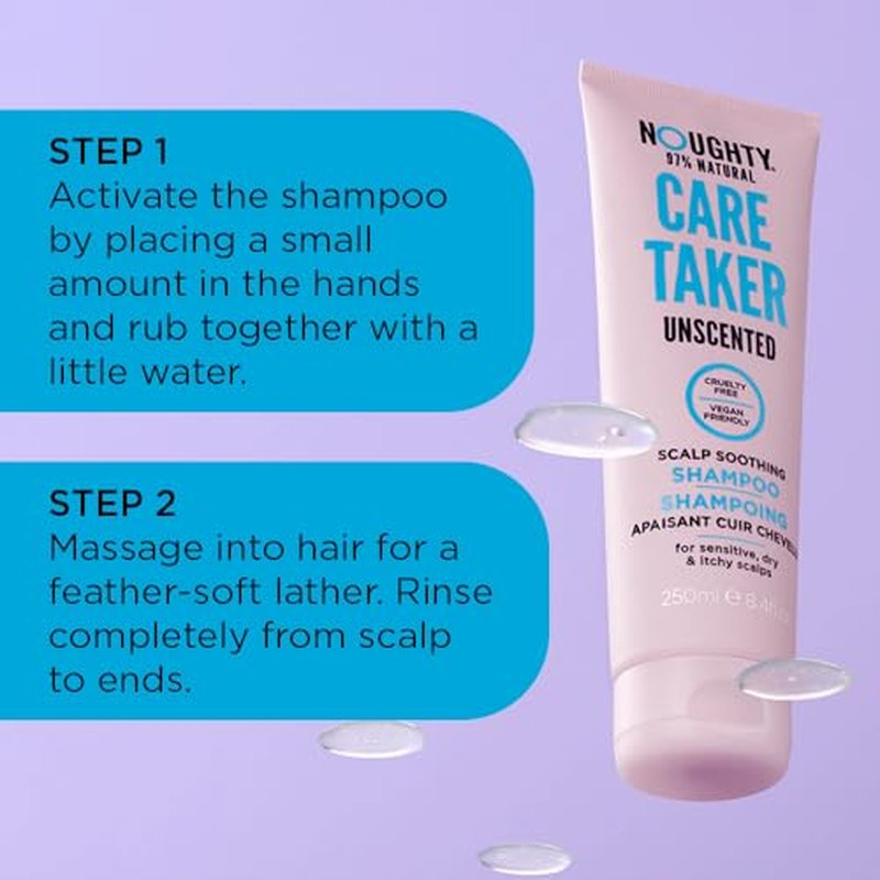 Noughty Care Taker Fragrance Free Shampoo, Anti Irritant Scalp Soothing Hair Cleanser for Dandruff Prone Sensitive Scalps, Caring 97% Natural Sulfate Free Vegan Haircare 8.4fl.oz