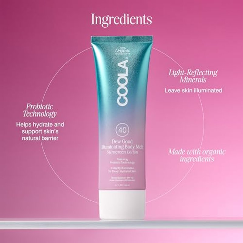 COOLA Organic Dew Good Illuminating Body Melt with SPF 40, Dermatologist Tested Sunscreen that Instantly Illuminates Skin, 3.4 Fl Oz