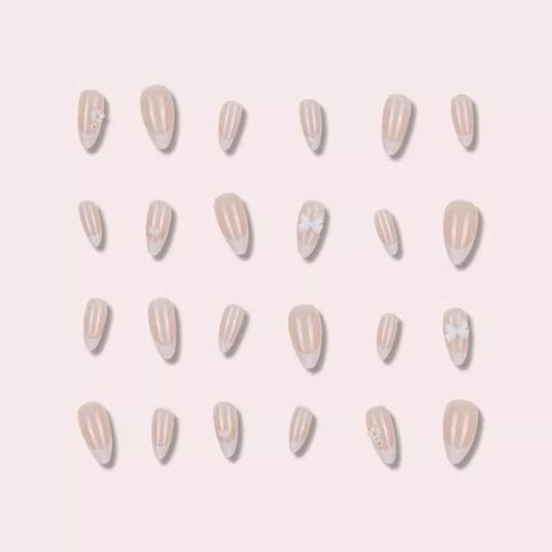 Foccna French Press on Nails Medium White Fake Nails Almond Glossy 3D Flower False Nail Tips Artificial Nails Finger Manicure for Women&Girls -24 pcs