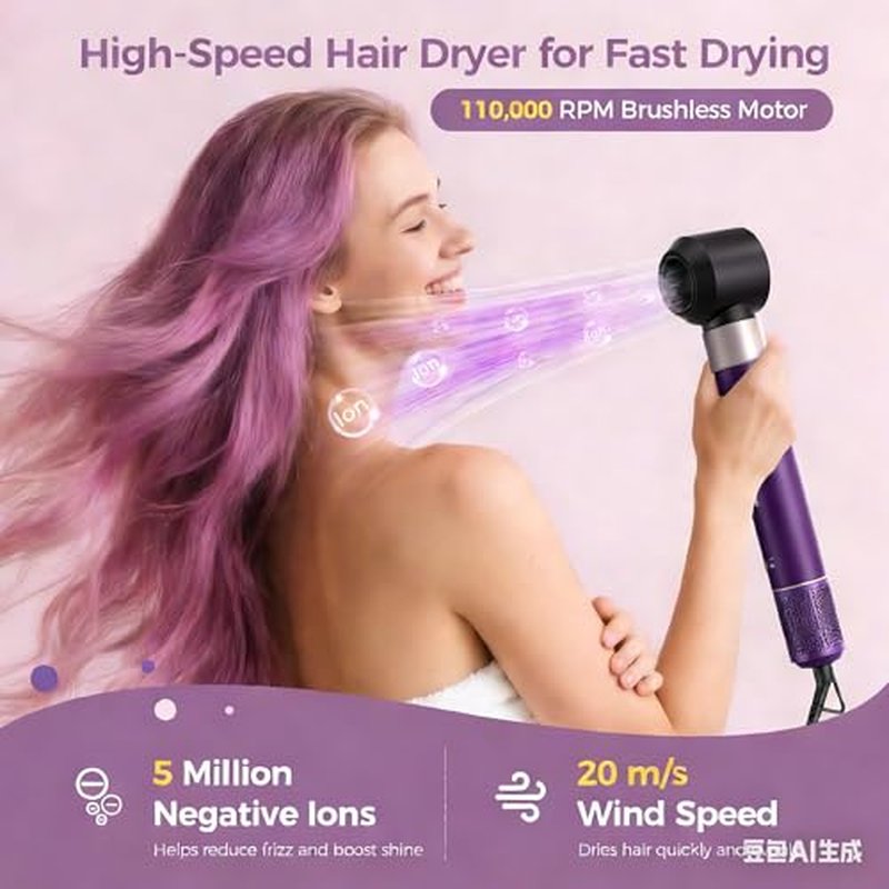 Vincofy 7-in-1 Hair Dryer Brush and 1500W Hair Styler Set – Fast Drying, Curling, Straightening & Volumizing – Hot Air Styling Tool with No Heat Damage – for All Hair Types – Purple
