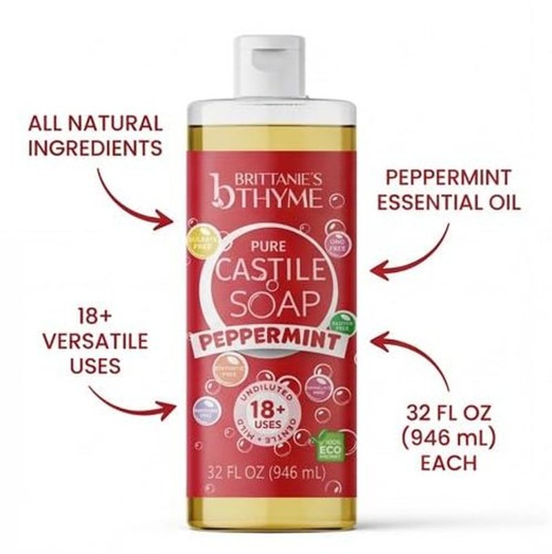 Brittanie's Pure Castile Liquid Soap Peppermint – 2 Pack (32oz Each) | Natural, Organic, Multi-Purpose Soap for Body, Face, Home & Pets | Vegan, Sulfate-Free, Made in USA