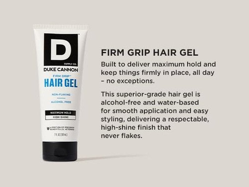Duke Cannon Firm Grip Hair Gel, 7 oz – Maximum Hold, High Shine, Alcohol-Free, Water-Based Formula with Coconut Oil & Oat Extract, Ideal for Short to Medium Styles