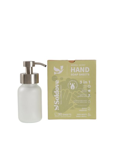 SOLDOVE Hand Soap Sheet Bundle – 1 Pack (30 Sheets Total) + Refillable Glass Dispenser