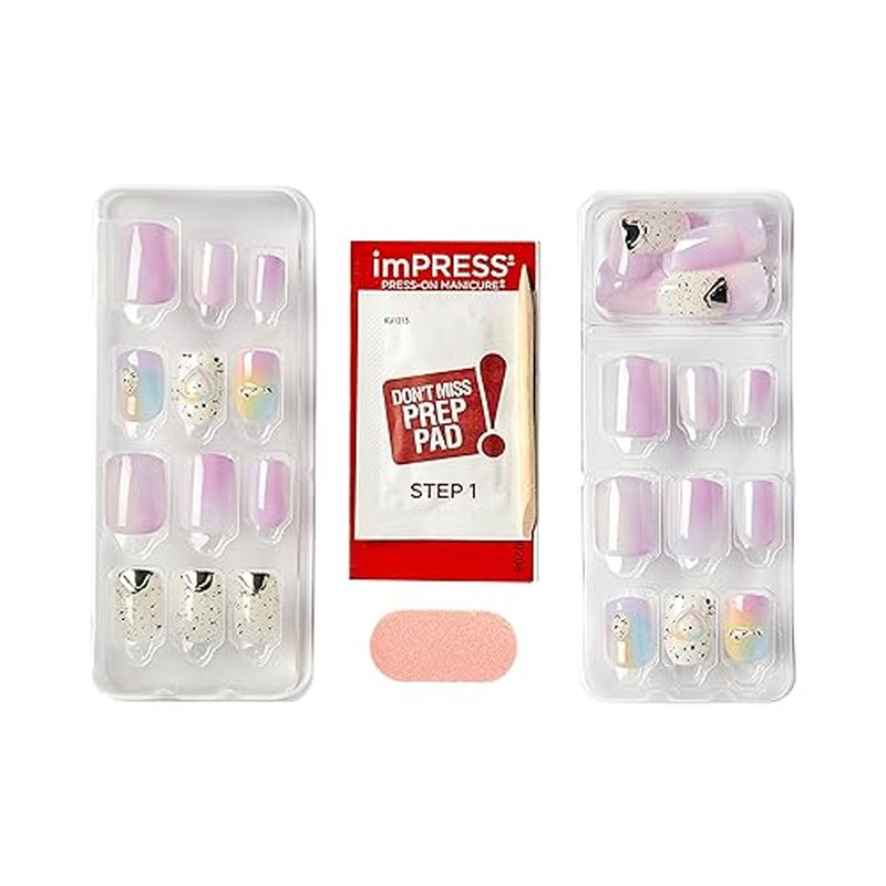 KISS imPRESS Press-On Manicure Premium Collection Fake Nails - Sweet Life, Purple Jelly Squiggle, Short & Square, Easy To Apply, Super Hold, Chip Proof, Smudge Proof, No Dry Time, Durable | 30 Count
