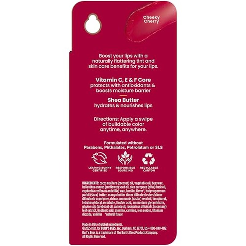 Burt’s Bees Tinted Boosted Balm, Cheeky Cherry, Hydrating Tinted Lip Balm with Vitamin C, E, and F Core, 24 Hour Lip Moisturizer with Responsibly Sourced Beeswax, 100% Natural Origin, 1 Count, 0.16oz