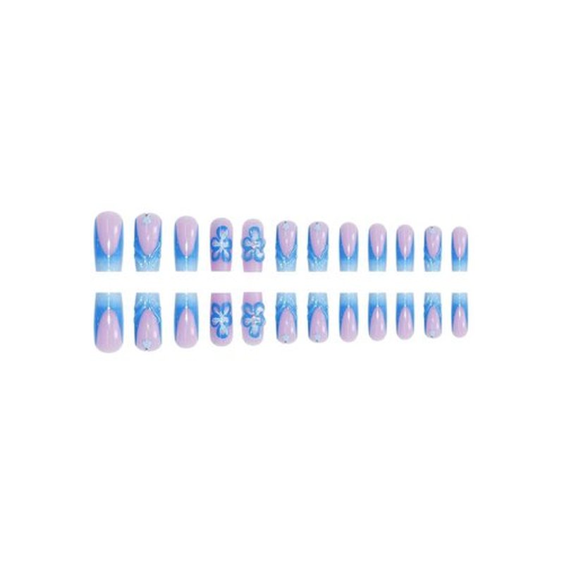 48 Pcs Pink Press On Nails Long Square & Press On Toenails Set - YEFIUO Spring Blue French Fake Nails Press ons Nail Art Tips Glue on Nails Acrylic Nail Kit False Toe Nails with 3D Flower Design