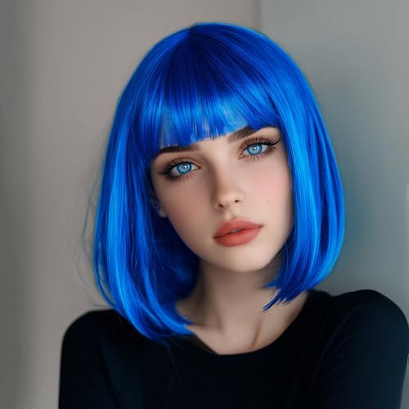 VCAY Bob Wig, 12 Inch Short Blue Bob Wig with Bangs,Straight Cosplay Wig,Heat Resistant,Adjustable Straps Wigs for Women Girl with Wig Cap