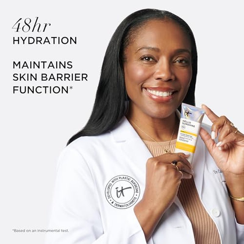 IT Cosmetics Hello Sunshine Invisible Sunscreen for Face SPF 50 - Sunscreen, Hydrating Serum & Makeup Primer - 1% Pro-Vitamin B5 & Hyaluronic Acid - HSA/FSA Eligible - No White Cast - 0.5 fl oz