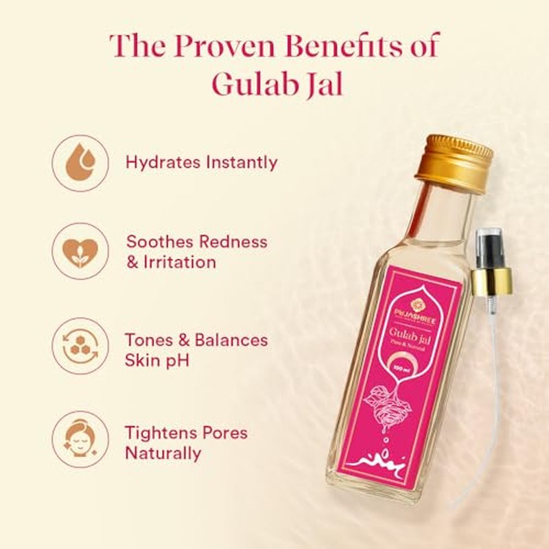 Pujashree 100% Pure Gulab Jal - 100ml Glass Bottle with Spray Pump| Natural Gulab Jal | Rose Water for Skin & Hair, Natural Rose Water Face Toner, Makeup Remover