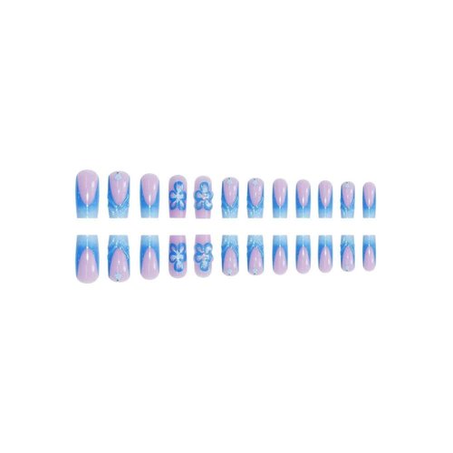 48Pcs Blue French Tips Press on Nails 3D Flower Press on Toenails Short Square Fake Nails with Flower Charm Design Floral False Toenails Glossy Reusable Summer False Nails for Women Girls Manicure