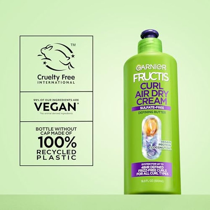 Garnier Fructis Curl Nourish Air Dry Cream XL Leave In Conditioner, Curl Defining Cream with Moisture and Frizz Control For All Curly Hair Types, Made with Vegan Protein & Coconut Oil, 16.9 Fl Oz