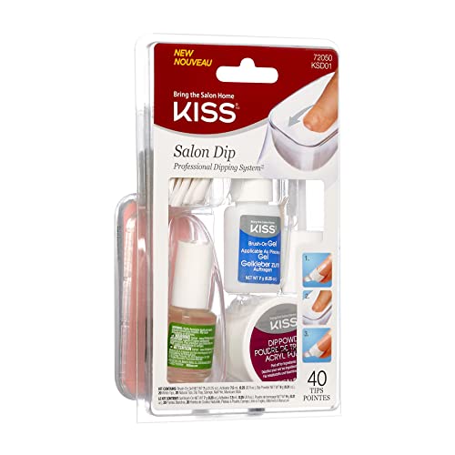 KISS Salon Dip Professional Dipping System Dip Powder Manicure Kit, Brush-On Gel, Dip Powder, Activator, 2 Brushes, Dipping Tray, Cuticle Stick, Sponge, Nail File, & 40 Fake Nails