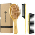 Bamboo Hair Brush and Comb Set, Massage Scalp Detangling Hairbrush for Hair Growth, Bakelite Durable Anti Static Wide-Tooth Comb & Rat Tail Comb for Women, Men, Kid