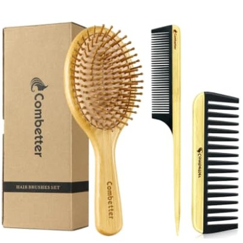 Bamboo Hair Brush and Comb Set, Massage Scalp Detangling Hairbrush for Hair Growth, Bakelite Durable Anti Static Wide-Tooth Comb & Rat Tail Comb for Women, Men, Kid