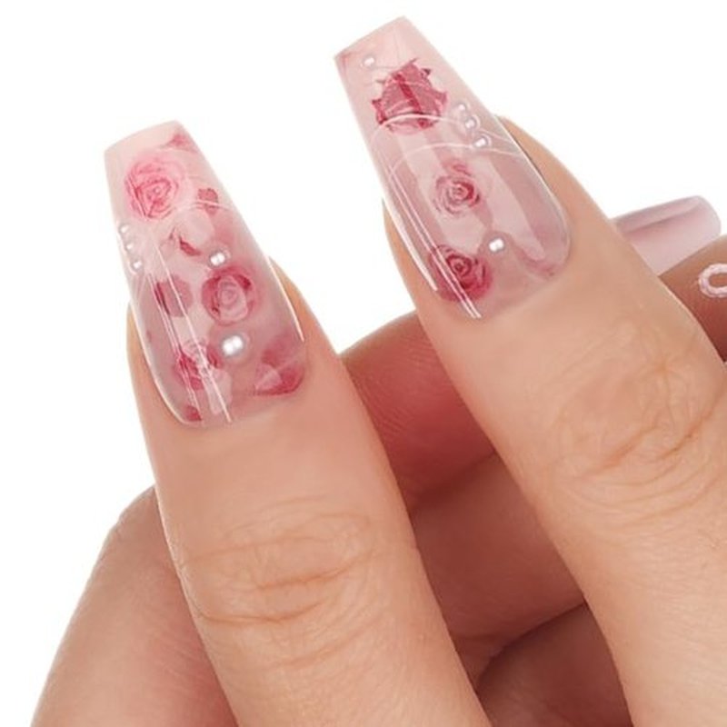 Coffin Shaped Luxury Press on Nails - Retro Rose Valentine | Ballerina Artificial False Nails, Glossy Pink Fake Nails with 3D Flowers, Salon Quality Reusable Nails Kit (Size S)