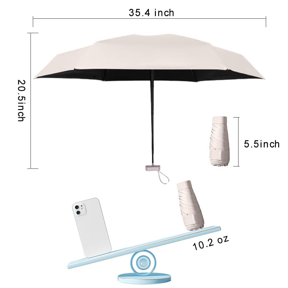 ESUFEIR Mini Sun Umbrella for Purse With Case, Small Compact UV Umbrella Travel Essentials, Lightweight Portable Parasol Windproof for Women Men Kids (Beige)