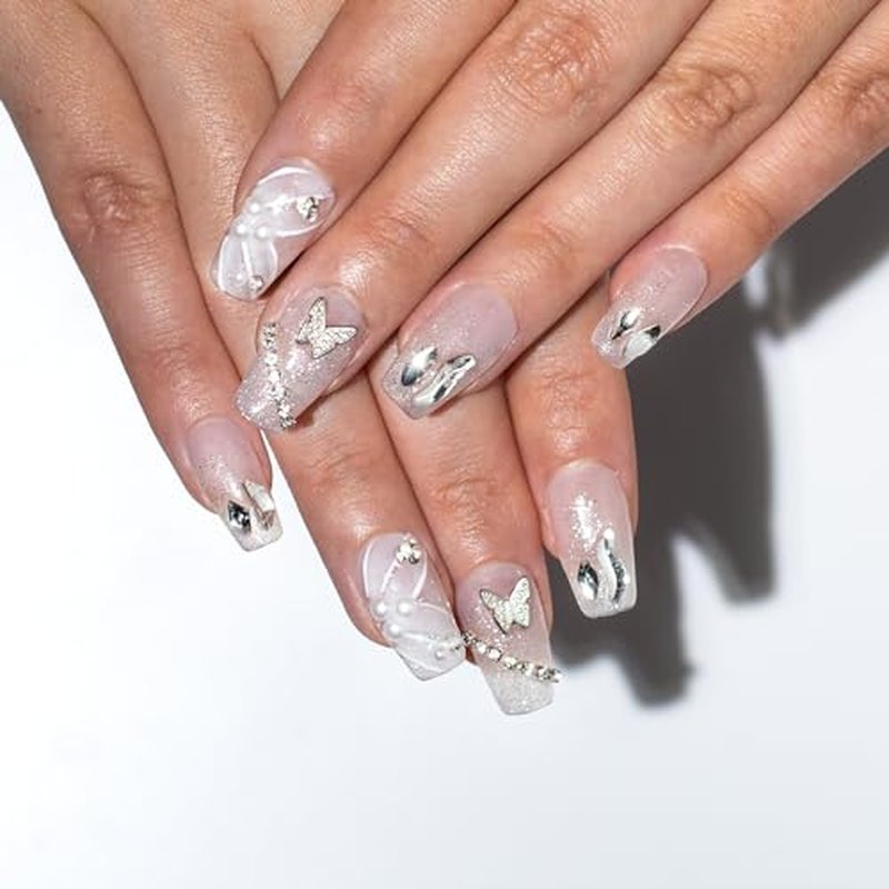 TENPAL Starry Gradient White Coffin Nails,10Pcs Handmade Press on Nails with Kit,3D Ribbon Butterflies & Pearls Glue on Nails,Sultry Minimalist Sparkle Fake Nails Set, Reusable iridescent Nails(XS)