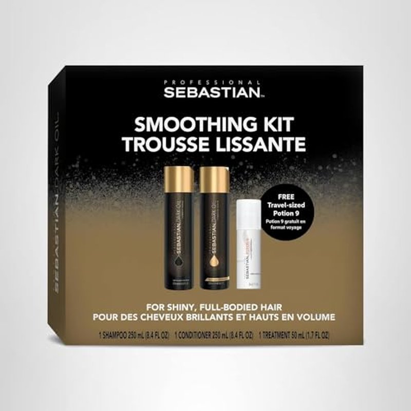 Sebastian Professional Dark Oil Lightweight Shampoo & Conditioner 8.4 fl oz, and Trial Size Potion 9 Leave-in Styling Treatment, 1.7 fl oz | Smoothing Trio Kit for Smooth, Shiny Hair