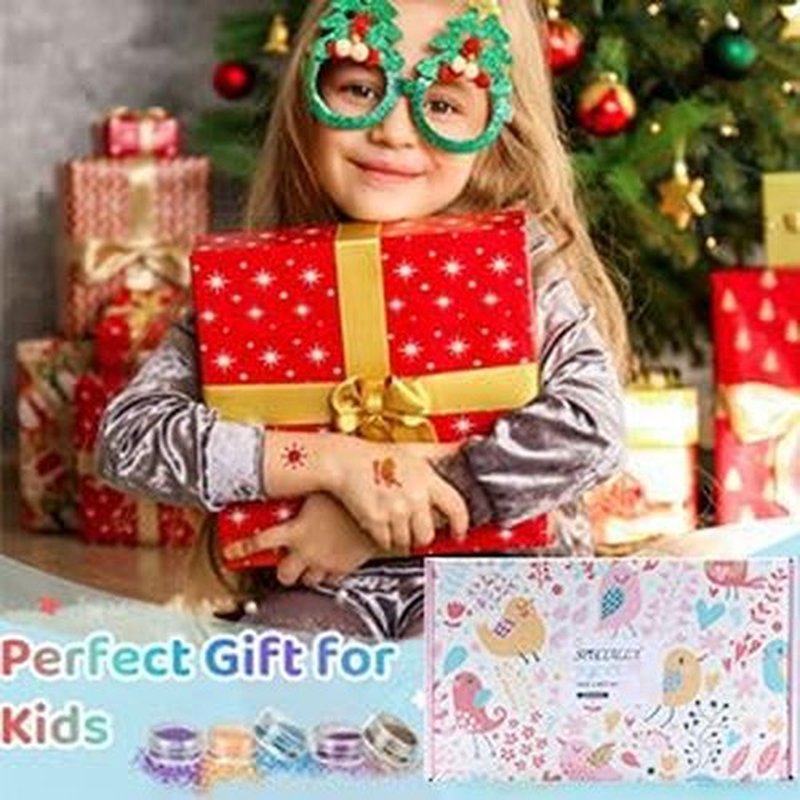 Temporary Glitter Tattoo Kit for Kids & Adults, LCDGTJ 42 Glitter & 6 Fluorescent Color, 209 Stencils, 4 Glue, 5 Brushes, 1 Diamond Sticker, Safe & Easy Removal Face Body Art Birthday Party Supplies