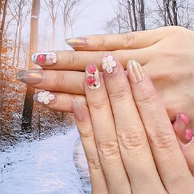 10 Medium Handmade Press On Nails | with 3D Floral and French design False Nails | Skip Salon Trips, Easy to Apply & Remove, Reusable (A008, M)