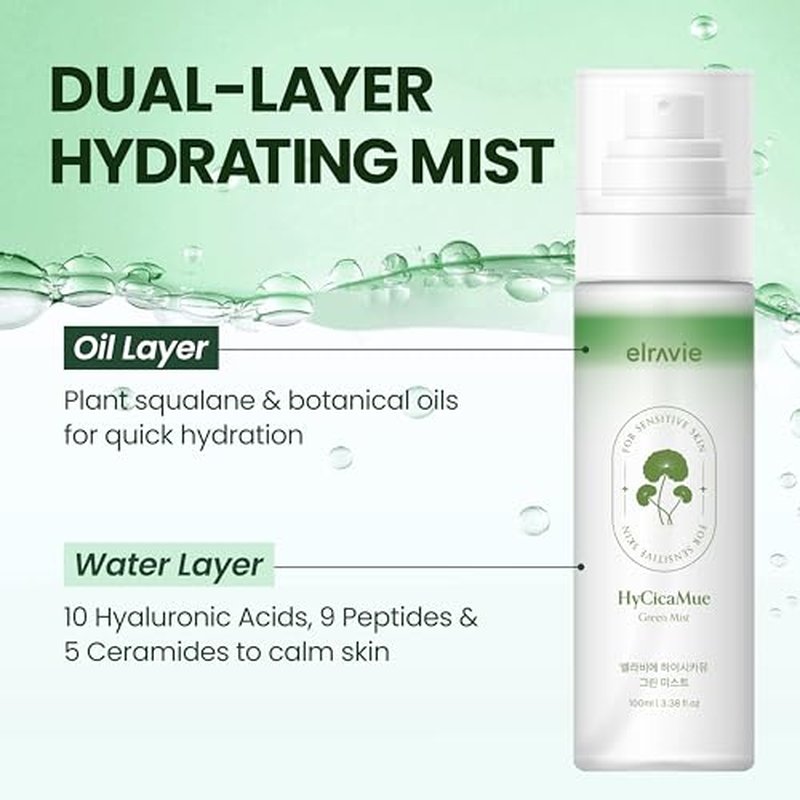 elravie HyCicaMue Green Face Mist | Ultra-Fine Face Spray for Instant Calming & Moisturizing | Cica, Peptide, Ceramide, Hyaluronic Acid | Reduce Excess Sebum & Soothe Irritated Skin | Korean Skin Care