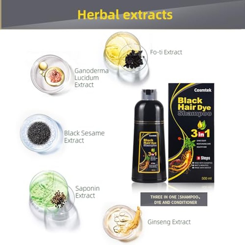 COSMTEK Black Hair Dye Shampoo for Gray Hair, Semi-Permanent Hair Color Shampoo for Women and Men, Herbal and No Ammonia, 3 in 1-100% Grey Coverage(16.9 Fl oz)