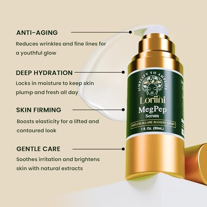 Loriini MegPep Hyaluronic Acid Serum Multi-Peptide Anti-Aging Serum with Ceramides, Gold for Hydration, Wrinkles, Fine Lines, Firming, Brightening Plumping Care for Sensitive Skin Paraben-Free 1 Fl oz