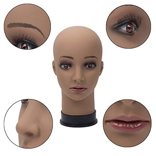BHD BEAUTY Bald Mannequin Head Brown Female Professional Cosmetology for Wig Making, Display wigs, eyeglasses, hairs with T pins 23''